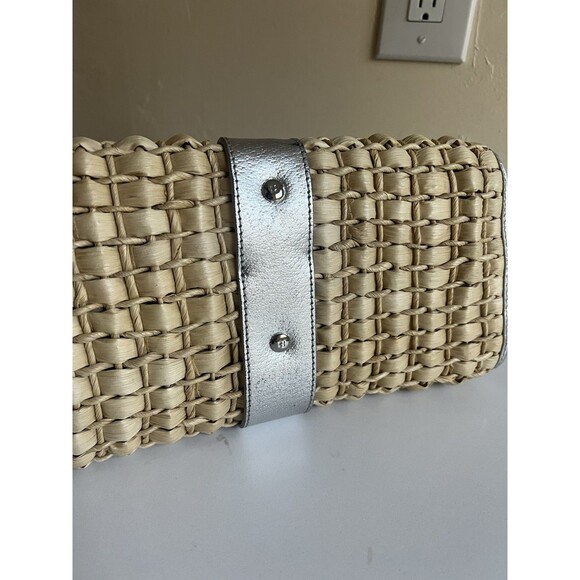 Kate Spade New York Woven Straw Basket Clutch Silver Metallic Leather Trim - Picture 6 of 12